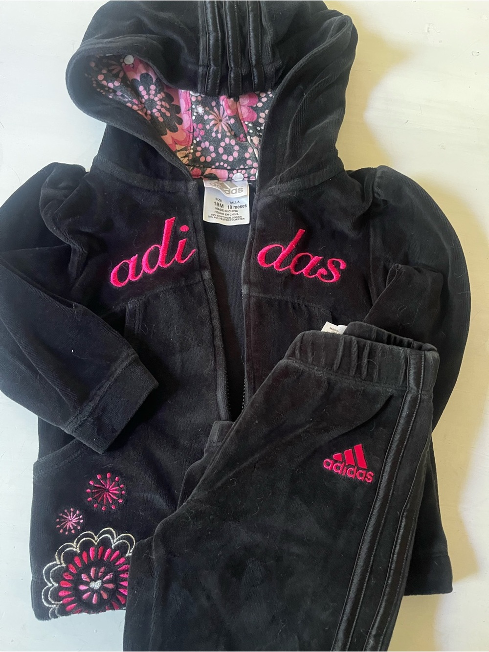adidas Kids Black Velvet Hoodie & Jogger Set with Pink Embroidery